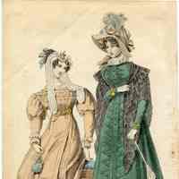 2 Ladies, Walking Dresses, Peach and Green