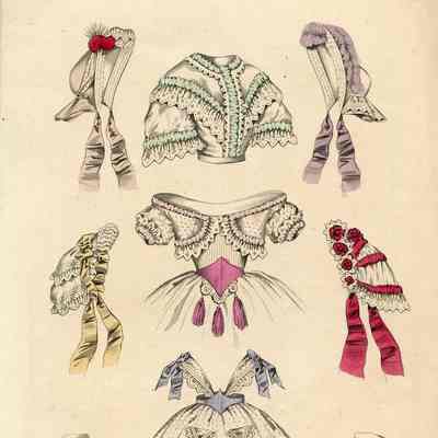 2 Bodices, Girls' Pinafore, 2 Bonets, 2 Caps, 2 Undersleeves