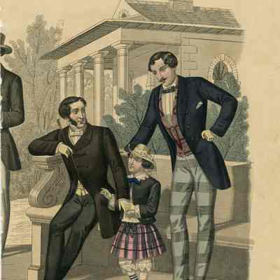 6 men and Boy in Park Near a Classical Building