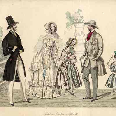 Park Scene with Lady, 2 Children, 2 Men, 1 with Braid Design