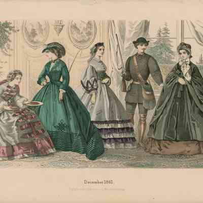 4 Ladies in Parlor in the Woods, 1 Men in Hunting Gear