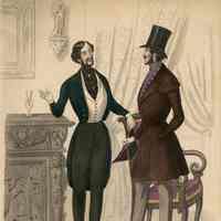 2 Men Conversing in Artistic Parlor, One in Opera Dress