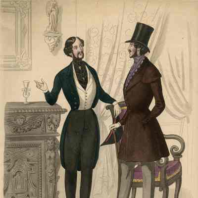 2 Men Conversing in Artistic Parlor, One in Opera Dress