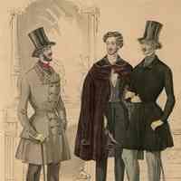 3 Men in a Parlor, One in Huge Paletot Flung Over His Shoulders