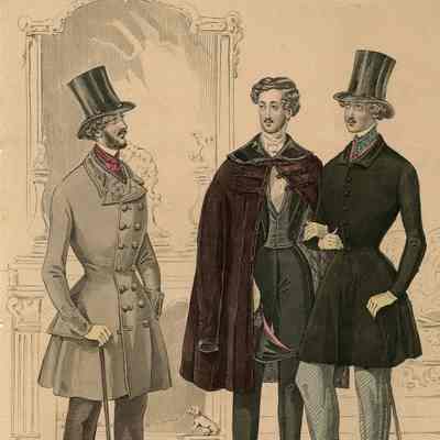 3 Men in a Parlor, One in Huge Paletot Flung Over His Shoulders