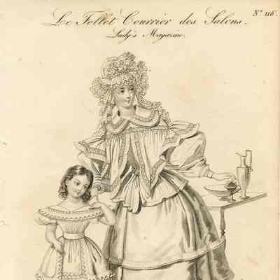 Lady in Morning Dress Attempting to Pin Daughter into Dress