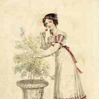 Ball Dress with Red Trim, Lady Sniffing Flower