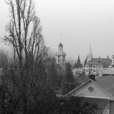 Sonora scene with Tuolumne Co. Courthouse and St. Patrick's Catholic Church