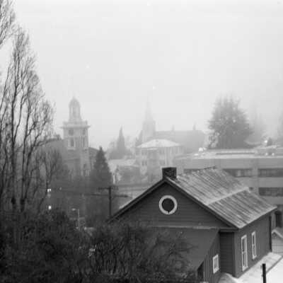 Sonora scene with Tuolumne County Courthouse and St. Patrick's Church