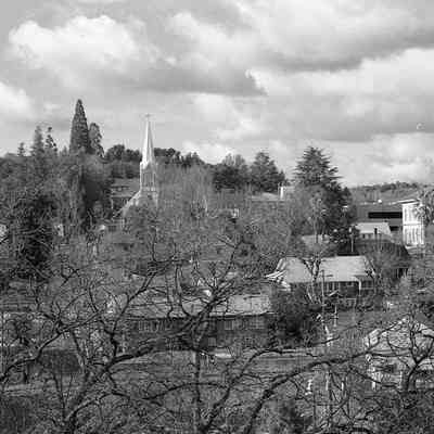 Sonora scene, with Tuolumne County Courthouse and St. Patrick's Church