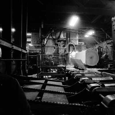 Louisiana-Pacific Saw Mill. Large Sugar Pine going passing through the band saw.
