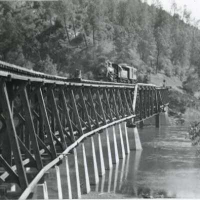 Sierra Railway bridge and train, Melones