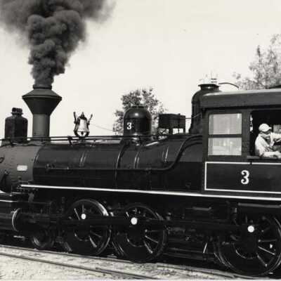 Sierra Railroad Engine #3, as a wood burner, with engineer