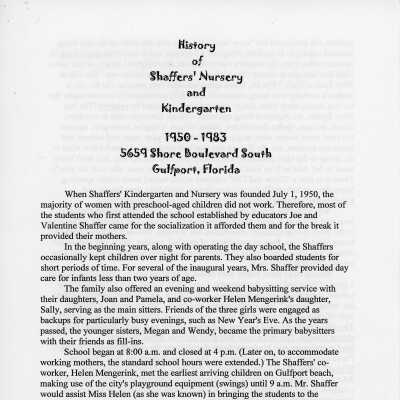 History of Shaffers' Nursery and Kindergarten