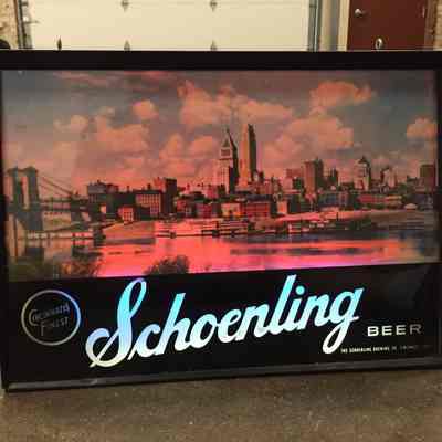 Schoenling Beer Glass and Metal Sign