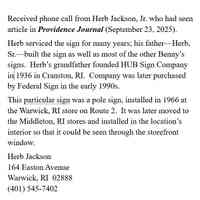          Notes on Object; Context from a phone call between Tod Swormstedt and Herb Jackson Jr.
   