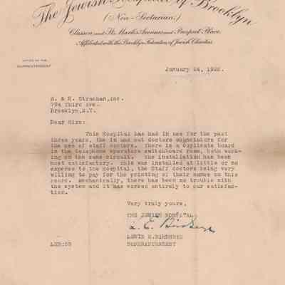 Brooklyn Jewish Hospital Letter to R.H. Strachan, Inc.