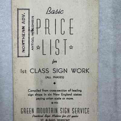 Green Mountain Sign Service Basic Price List for 1st Class Sign Work