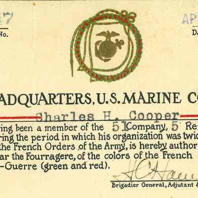 Authorization, Croix-de-Guerre, Pfc Charles H. Cooper