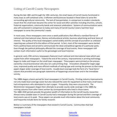 Carroll County Newspapers Listing