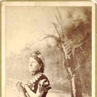 Mary Shellman dressed in an elaborate, layered costume poses beside a painted forest backdrop.