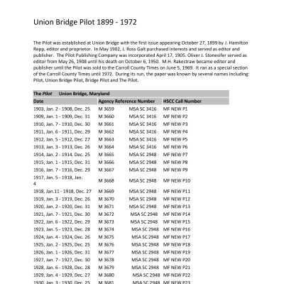 Union Bridge Pilot Newspaper 1899 - 1972