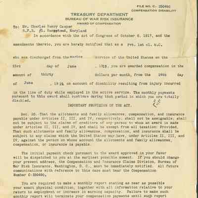 Disability Pension, Pfc Charles H. Cooper