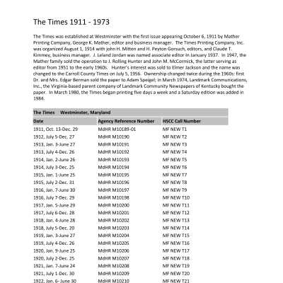 The Times Newspaper (Carroll County Times) 1911 - 1973