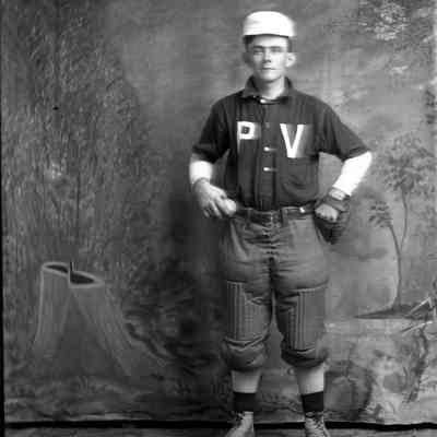 man in baseball uniform/ PV on shirt