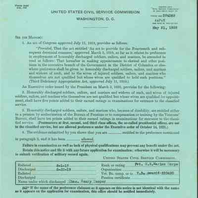 Pfc Charles H. Cooper, Veteran Hiring Preference, US Civil Service Commission