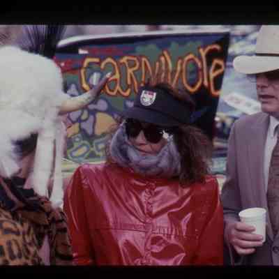 (Walter Hopps and Marilyn Oshman) Marilyn is wearing a beard since ZZ Top's Billy Gibbons couldnt make it.