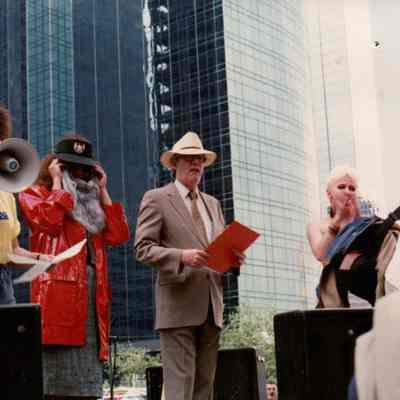 (Walter Hopps, Marilyn Oshman, and Jackie Harris) Marilyn is wearing a beard since ZZ Top's Billy Gibbons couldnt make it.