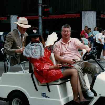 (Walter Hopps and Marilyn Oshman) Marilyn is wearing a beard since ZZ Top's Billy Gibbons couldnt make it.