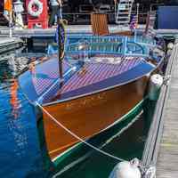          Hacker Craft famous 30/30/30 1930 30' Custom Runabout with Hispano Suzia marinized aircraft engine and external rudder.
   