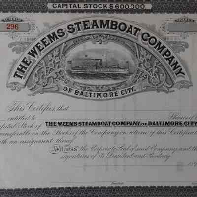 Weems Steamboat Company Stock Certificate