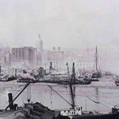 Slightly oblique angle, long shot of harbor after the February 7, 1904 fire.