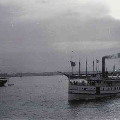 Oblique angle, medium shot of bow and port.