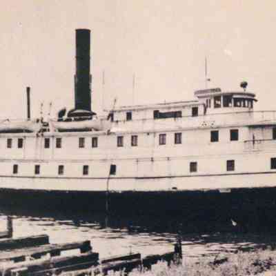 Oblique angle shot of starboard.: Shows the damage done in the stern in the 1936 collision.