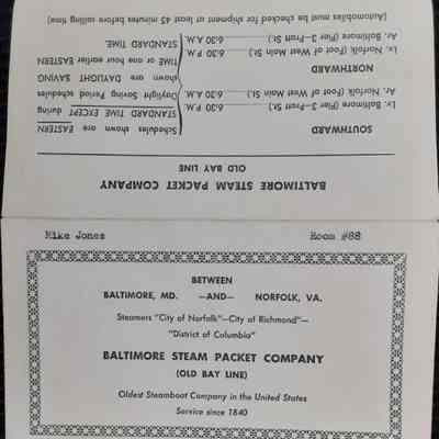 Baltimore Steam Packet Company Fare Envelope