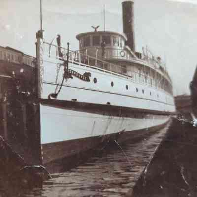 Oblique angle, closeup shot of bow and port side.