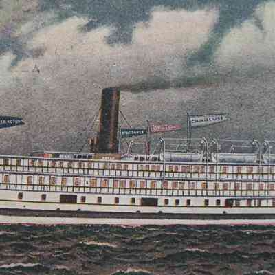 Side angle, medium shot. Steamer Lexington of the Colonial Line operating between New York and New England.