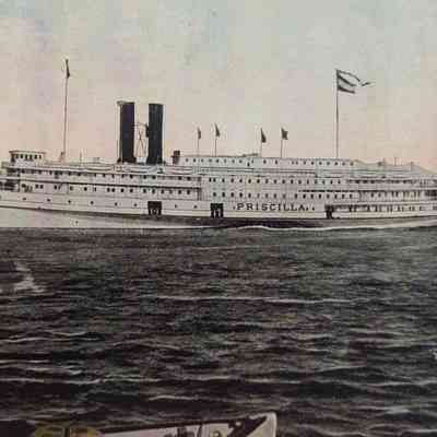 Side angle, medium shot. Steamer Priscilla of the Fall River Line.