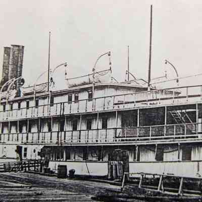Oblique angle, closeup shot of port. Ship in layup.