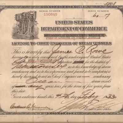 License to Chief Engineer of Steam Vessels