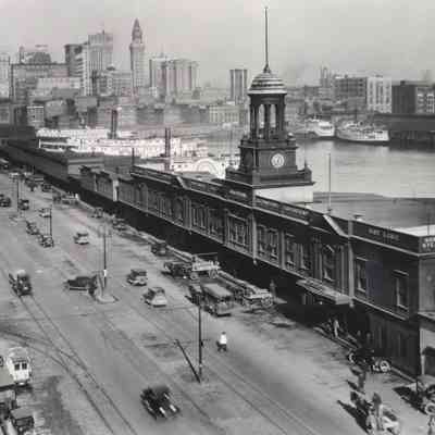 Oblique angle, long shot of Light Street with Baltimore Steam Packet Company building on right.: At pier and extreme end of photo is Anthony Groves, Jr., then Middlesex, and last is Avalon.