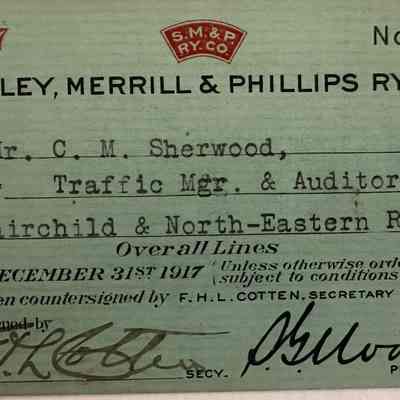 1917 SM and P Ry ticket for FNE Ry manager.
