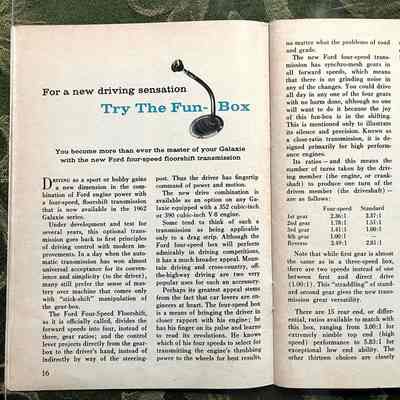 Pages 16-17: "For a new driving sensation try the Fun-Box." article about floorshift transmissions with drawings