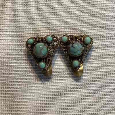 Pair of Gold Toned Metal Clip on Earrings with Turquoise Stones