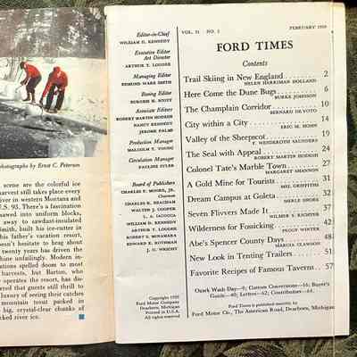 Front flyleaf, table of contents: Photographs of men pulling "ice harvester" on icy river. "Now a rarity on the American scene are the colorful ice harvests of old, but one such harvest still takes place every winter along the upper East Fork River in western Montana and it never fails to stop travelers on U.S. 93.