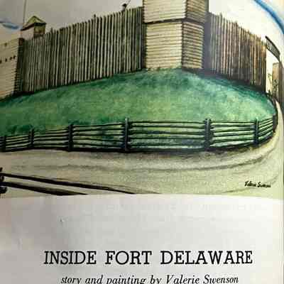 Page 28: Top: Painting of Fort Delaware
Bottom: INSIDE FORT DELAWARE, story and painting by Valerie Swenson.
"On a promontory overlooking the Big Eddy of the Delaware River and the town of Narrowsburg, New York, a replica of Fort Delaware has recently been created as a history museum of the American Frontier..."